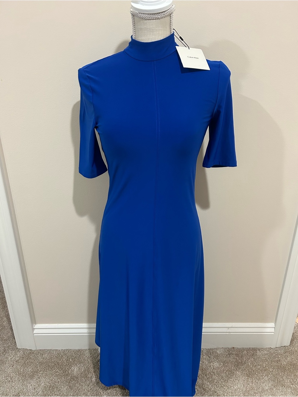 Calvin Klein Cobalt Blue Midi Mock Neck Dress